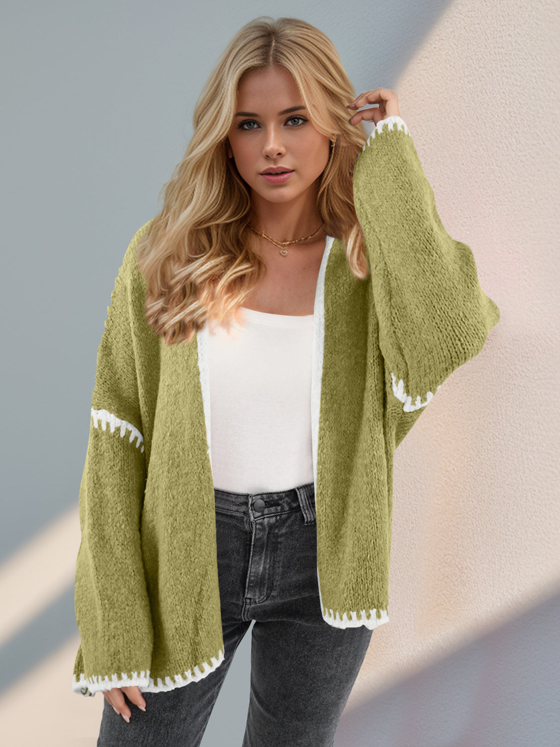 Double Take Contrast Open Front Dropped Shoulder Cardigan