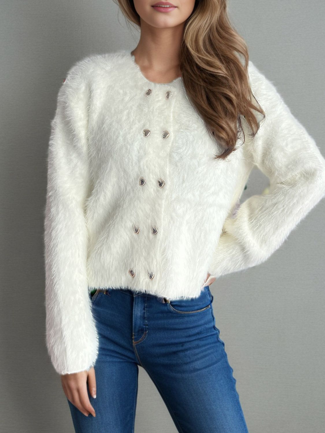 Heart Button Round Neck Cardigan