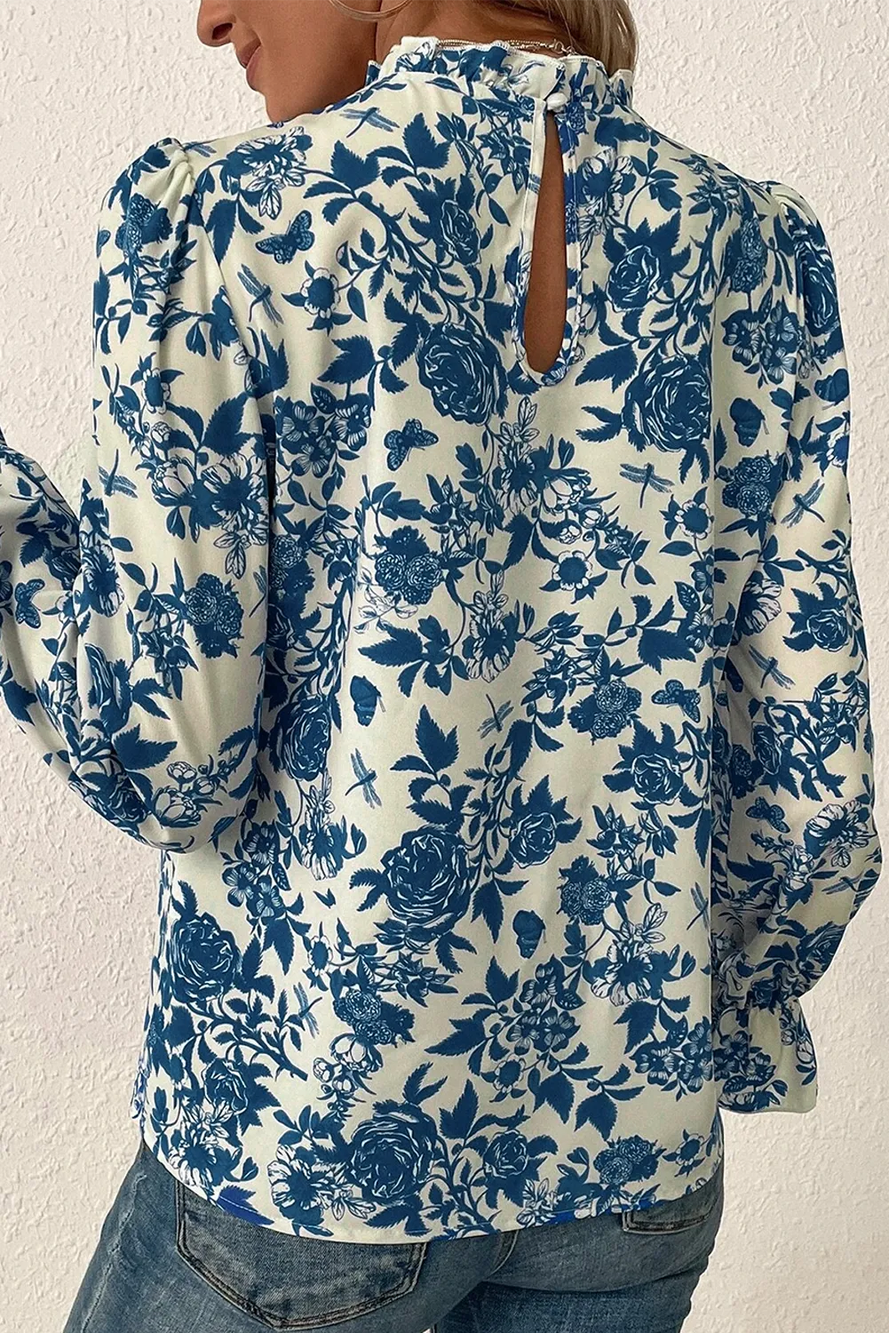 Printed Mock Neck Flounce Sleeve Blouse