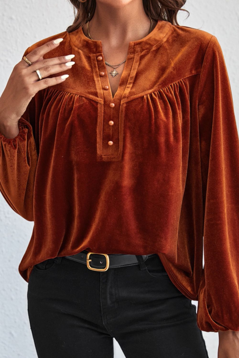 Notched Long Sleeve Velvet Top